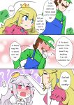  2girls ? blonde_hair blue_eyes blush comic crown dress english engrish flying_sweatdrops full-face_blush gloves hand_on_another's_head hat luigi luigi's_mansion mario_(series) multiple_girls new_super_mario_bros._u_deluxe nose_blush petting princess_king_boo princess_peach ranguage red_eyes sesield super_crown sweatdrop white_hair 