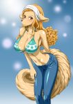  1girl :3 animal_ears bikini bikini_top blonde_hair blush breasts curvy erect_nipples female furry game_cg large_breasts long_hair looking_at_viewer nel-zel_formula one_piece shiny simple_background smile standing swimsuit tail wanda_(one_piece) 