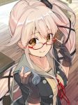  bespectacled black_gloves black_jacket blush breasts brown_eyes buttons collarbone commentary_request depth_charge glasses gloves grey_sailor_collar hair_flaps hair_ornament hair_ribbon holding_depth_charge jacket kantai_collection long_hair looking_at_viewer medium_breasts neck_ribbon open_clothes open_jacket partly_fingerless_gloves pink_hair ponytail red-framed_eyewear red_ribbon remodel_(kantai_collection) ribbon sailor_collar school_uniform serafuku short_sleeves side_ponytail smile solo upper_body very_long_hair youmou_usagi yura_(kantai_collection) 