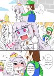  &gt;_&lt; :t blonde_hair blue_eyes blush brown_hair comic crown dress earrings embarrassed english engrish facial_hair flying_sweatdrops gloves jewelry long_hair luigi luigi's_mansion mario_(series) multiple_girls mustache new_super_mario_bros._u_deluxe open_mouth piranha_plant pointy_ears pout princess_king_boo princess_peach puffy_short_sleeves puffy_sleeves ranguage red_eyes screaming sesield short_sleeves startled super_crown typo white_dress white_hair 
