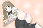 absurdres arm_support ass bad_anatomy bangs black_neckwear black_pants blue_eyes blush bow bowtie breasts brown_hair cameltoe closed_mouth commentary_request crotch_seam curly_hair double-breasted eyebrows_visible_through_hair fate/apocrypha fate_(series) fiore_forvedge_yggdmillennia frown furrowed_eyebrows gold_trim highres impossible_jacket jacket large_breasts light_brown_hair long_hair long_sleeves looking_at_viewer lying muturairi no_shoes orange_background panties pants pants_down pants_pull pink_panties simple_background thighhighs trefoil twisted_torso underwear white_jacket white_legwear 