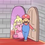  1girl 1koma :3 absurdres arm_around_shoulder black_hair blonde_hair blue_overalls brick_wall brooch closed_eyes comic commentary crown door dress facial_hair gimme2000 gloves hat highres jewelry long_hair mario mario_(series) meme mustache opening_door pink_dress princess_peach red_hat red_shirt shirt smile super_mario_bros. thai_political_crisis_breakup white_gloves 