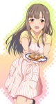  :d blush brown_eyes brown_hair dress_shirt floating_hair holding idolmaster idolmaster_cinderella_girls leg_up long_hair looking_at_viewer mizumoto_yukari open_mouth shiny shiny_hair shirt short_sleeves smile solo standing standing_on_one_leg toufuu vertical-striped_apron yellow_shirt 