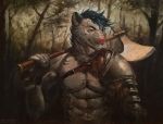  abs axe battle_axe clothed clothing english_text feline forrest_(disambiguation) fur hair leopard male mammal melee_weapon muscular muscular_male navel oil_painting satynapaper signature snow_leopard solo text topless traditional_media_(artwork) victory_(texdot) weapon 