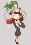  alternate_costume breasts chiki cleavage closed_mouth commentary_request fire_emblem fire_emblem:_kakusei fire_emblem:_monshou_no_nazo fire_emblem_heroes full_body green_eyes green_hair grey_background highres long_hair mamkute medium_breasts midriff navel pointy_ears ponytail sakuuremi simple_background solo standing standing_on_one_leg tiara 