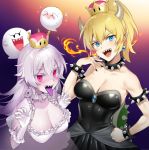  bare_shoulders black_dress black_nails blonde_hair blue_eyes blush boo bowsette bracelet breasts cleavage closed_eyes collar collarbone covered_navel covering_face crown dress earrings fire frilled_dress frills gloves hand_on_hip horns jewelry large_breasts long_hair looking_at_viewer luigi's_mansion mario_(series) mini_crown multiple_girls nail_polish new_super_mario_bros._u_deluxe open_mouth pointy_ears ponytail princess_king_boo puffy_short_sleeves puffy_sleeves red_eyes sharp_teeth short_sleeves sleeveless sleeveless_dress smile spiked_armlet spiked_bracelet spiked_collar spiked_shell spikes strapless strapless_dress super_crown sweatdrop teeth tokki tongue tongue_out upper_body white_dress white_gloves white_hair 
