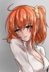  arumikan blush breasts brown_eyes cleavage dress_shirt eyebrows_visible_through_hair fate/grand_order fate_(series) fujimaru_ritsuka_(female) grey_background hair_between_eyes highres long_hair looking_at_viewer medium_breasts open_clothes open_shirt orange_hair parted_lips shirt sketch solo upper_body white_shirt 