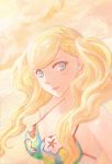  blonde_hair blue_eyes breasts cleavage earrings floating_hair hair_ornament hairclip jewelry long_hair looking_at_viewer medium_breasts parted_lips persona persona_5 print_bikini_top shiny shiny_hair smile solo takamaki_anne twintails upper_body yolkyao 
