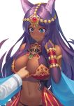  animal_ears bare_shoulders blue_eyes blush breast_pocket breasts bridal_gauntlets cat_ears circlet commentary_request dark_skin egyptian_clothes fate/grand_order fate_(series) highres long_hair looking_down midriff navel pocket purple_hair queen_of_sheba_(fate/grand_order) ranma_(kamenrideroz) smile sweatdrop very_long_hair 
