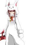  alice360 animal_costume blush bunny_costume crimson_avenger_(elsword) elesis_(elsword) elsword hair_between_eyes highres holding holding_sword holding_weapon red_hair sword weapon white_background yellow_eyes 