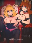  bare_shoulders black_collar black_dress blonde_hair blue_eyes borrowed_design bowsette bowsette_(cosplay) bracelet breasts brown_hair cleavage collar collarbone commentary_request cosplay crown dress earrings erica_june_lahaie eyebrows_visible_through_hair fang hair_between_eyes highres horns jewelry large_breasts mario_(series) multiple_girls new_super_mario_bros._u_deluxe open_mouth pantyhose princess_daisy ring sharp_teeth sitting smile spiked_armlet spiked_bracelet spiked_collar spiked_shell spikes strapless strapless_dress super_crown super_mario_bros. teeth throne transformation 