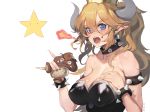  bare_shoulders blonde_hair blue_eyes bowsette bracelet breasts collar commentary_request crown dress goomba horns jewelry large_breasts mario_(series) new_super_mario_bros._u_deluxe olys pointy_ears sharp_teeth spiked_bracelet spiked_collar spikes strapless strapless_dress teeth upper_body 