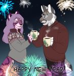  anthro beverage biped clothed clothing coffee coffee_cup duo english_text facial_markings fangs feline female fully_clothed hair happy holding_coffee_cup holidays jailbird jasminia_mirran leopard long_hair lynx male mammal markings new_year open_mouth pants redisius_(baldrek) smile snow_leopard standing sweater teeth text tongue 