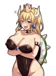 1girl black_dress blonde_hair blue_eyes blush bowser bowsette bracelet breasts choker collar collarbone dress grow_minion horn jewelry large_breasts leotard mario_(series) nintendo nipples ponytail solo spiked_bracelet spiked_collar spikes super_crown tongue tongue_out 