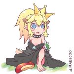  1koma absurdres age_regression bangs bare_legs bare_shoulders black_dress blonde_hair blue_eyes blush_stickers bow bowsette brooch child collar comic commentary confused crown dress fang gimme2000 hair_between_eyes highres horns jewelry long_ponytail mario_(series) new_super_mario_bros._u_deluxe open_mouth oversized_clothes red_bow shoes single_shoe sleeveless sleeveless_dress spiked_collar spiked_shell spiked_tail spikes strapless strapless_dress super_crown tail turtle_shell younger 