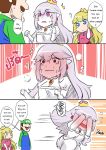  2girls ? @_@ blue_eyes blush comic covering_face crown dress embarrassed english engrish facial_hair full-face_blush luigi luigi's_mansion mario_(series) multiple_girls mustache new_super_mario_bros._u_deluxe princess_king_boo princess_peach ranguage red_eyes sesield super_crown sweatdrop wavy_mouth white_dress white_hair 