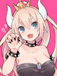  :d bangs bare_shoulders black_collar black_dress blonde_hair blue_eyes bowsette bracelet breasts chest_jewel claw_pose cleavage collar collarbone commentary crown dress earrings eyebrows_visible_through_hair fangs hair_between_eyes hand_up heart high_ponytail highres horns jewelry large_breasts long_hair looking_to_the_side mario_(series) new_super_mario_bros._u_deluxe open_mouth pink_background sawara_(starligtvision) sidelocks simple_background smile solo spiked_armlet spiked_bracelet spiked_collar spikes strapless strapless_dress super_crown thick_eyebrows upper_body v-shaped_eyebrows 