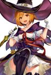  :d akanagi_youto ass ass_visible_through_thighs bangs black_cape black_footwear black_hairband black_hat blonde_hair blush boots breasts cape cleavage clenched_hand collarbone commentary_request convenient_leg cowboy_shot dagger djeeta_(granblue_fantasy) eyebrows_visible_through_hair gloves granblue_fantasy hair_between_eyes hairband hands_up hat highres holding holding_dagger holding_weapon knee_up looking_at_viewer medium_breasts miniskirt neckerchief open_mouth pleated_skirt puffy_short_sleeves puffy_sleeves red_neckwear shirt short_sleeves simple_background skirt smile solo thigh_boots thighhighs thighs waist_cape warlock_(granblue_fantasy) weapon white_background white_gloves white_shirt white_skirt witch_hat yellow_eyes 