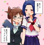  akizuki_ritsuko although_she_hurriedly_put_on_clothes blue_hair blush brown_hair commentary fingering glasses idolmaster looking_at_viewer merukyara miura_azusa multiple_girls neckerchief short_hair sidelocks speech_stab translated uniform yuri 