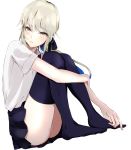  artoria_pendragon_(all) ass bangs blonde_hair eyebrows_visible_through_hair fate/grand_order fate_(series) hair_between_eyes hair_ribbon highres inafu knees_up navy_blue_legwear navy_blue_skirt no_shoes open_mouth pleated_skirt ponytail ribbon saber_alter shirt simple_background sitting skirt solo thighhighs white_background white_shirt yellow_eyes 