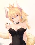  armlet artist_name bare_shoulders black_nails blonde_hair blue_eyes bowsette bracelet breasts cleavage collar collarbone covered_navel crown earrings grin highres horns jewelry looking_at_viewer mario_(series) medium_breasts meo_(1271884559) multicolored multicolored_eyes nail_polish new_super_mario_bros._u_deluxe pink_eyes pointy_ears smile solo spiked_armlet spiked_bracelet spiked_collar spikes super_crown tail teeth 