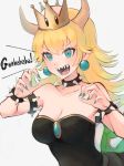  bare_shoulders black_dress blonde_hair blue_eyes bowsette bracelet breasts cleavage collar collarbone commentary_request crown dress earrings fingernails horns jewelry laughing mario_(series) nail_polish new_super_mario_bros._u_deluxe open_mouth pabo pointy_ears sharp_fingernails sharp_teeth smile solo spiked_armlet spiked_bracelet spiked_collar spikes strapless strapless_dress super_crown teeth upper_body v-shaped_eyebrows 