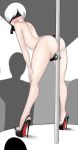  1boy artist_request ass blush crossdressing embarrassed high_heels little_penis nier_(series) nier_automata open_mouth penis pole short_hair solo testicles toes white_hair yorha_no._9_type_s 