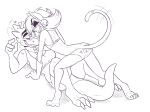  alphys anthro bell black_and_white blush bra clothed clothing eyewear feline female female/female glasses lizard mammal mew_mew_(undertale) monochrome reptile scalie sweat undertaild undertale underwear video_games 