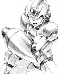  android arm_cannon clenched_hand cowboy_shot greyscale helmet monochrome open_mouth power_armor rockman rockman_x serious simple_background solo teeth weapon white_background x_(rockman) yukinbo78 