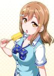  blue_neckwear blush bow bowtie brown_hair cardigan_vest collared_shirt commentary_request food hair_ornament hairclip half-closed_eyes halftone halftone_background holding holding_food kunikida_hanamaru long_hair looking_at_viewer love_live! love_live!_sunshine!! open_collar popsicle saliva saliva_trail shirt short_sleeves solo star star_hair_ornament striped striped_neckwear sweat sweater_vest tongue tongue_out upper_body yellow_eyes yopparai_oni 