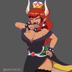  2018 alternate_species animal_humanoid animated bowser bowsette_meme breasts clothing crossgender crown dark_skin ear_piercing eyes_closed female hair horn humanoid humanoidized koopa laugh long_hair mario_bros nintendo piercing pointy_ears red_hair scalie sharp_teeth solo super_crown teeth video_games zedrinbutt 