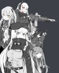  alma01 assault_rifle belt_pouch breasts commentary_request girls_frontline gloves gun h&amp;k_mp7 headphones heckler_&amp;_koch highres hk416_(girls_frontline) holstered_weapon jacket long_hair m4_carbine m4_sopmod_ii m4_sopmod_ii_(girls_frontline) magazine_(weapon) monochrome mp7_(girls_frontline) multiple_girls open_mouth pouch red_eyes rifle scar scar_across_eye simple_background submachine_gun tactical_clothes trigger_discipline ump45_(girls_frontline) ump9_(girls_frontline) weapon 