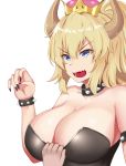 bare_shoulders blonde_hair blue_eyes bowsette bracelet breasts chun-ge close-up clothes_grab collar commentary_request crown dress_grab eyebrows_visible_through_hair highres horns jewelry large_breasts looking_away mario_(series) new_super_mario_bros._u_deluxe open_mouth ponytail sharp_teeth short_hair simple_background solo spiked_armlet spiked_bracelet spiked_collar spikes super_crown teeth upper_body v-shaped_eyebrows white_background 
