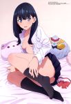  absurdres ass bed_sheet black_hair black_skirt blue_eyes blush bow bowtie bowtie_removed breasts cat_pillow cleavage cola convenient_leg copyright_name dress_shirt eyes full_body highres kobayashi_sayaka long_hair looking_at_viewer lying medium_breasts megami miniskirt no_bra no_shoes official_art on_side open_clothes open_mouth open_shirt pink_background pleated_skirt red_bow shiny shiny_hair shirt skirt socks solo ssss.gridman sweatdrop takarada_rikka white_shirt wrist_cuffs 