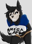  anthro bent_over big_breasts black_fur black_hair black_sclera breasts canine clothed clothing digital_media_(artwork) fangs female fur hair hand_on_breast heart_nose long_hair looking_at_viewer mammal mega_milk meme monster scp-1471 scp_foundation shirt shorts simple_background skull smile solo standing teeth text theoryanon white_background white_eyes 