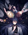  ahoge blonde_hair blue_eyes blue_hair brown_hair cellphone circle_formation commentary_request flower formal from_above green_neckwear highres holding holding_microphone hypnosis_mic izanami_hifumi jewelry jinguuji_jakurai kannonzaka_doppo long_hair lying male_focus microphone multiple_boys necklace necktie on_back petals phone riko_(otohfoo) ring suit thumb_ring very_long_hair yellow_eyes yellow_flower 