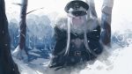  bangs bare_tree belt belt_buckle black_belt black_cloak black_coat black_hat buckle closed_mouth coat commentary fur-trimmed_cloak fur_trim girls_frontline gz_(gzdteee) hair_between_eyes hat highres iron_cross kar98k_(girls_frontline) long_hair looking_at_viewer military_hat outdoors peaked_cap red_eyes snow snowing solo tree very_long_hair white_hair winter_clothes winter_coat 