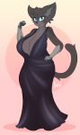  2018 anthro armor barefoot belly big_breasts big_ears blue_eyes breasts clothed clothing doxxyl dress feline female fully_clothed fur gauntlets gloves grey_fur hand_on_hip huge_breasts looking_at_viewer mammal pink_background simple_background slightly_chubby smile solo voluptuous 