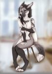  2018 5_fingers anthro areola black_hair blue_eyes blurred_background breasts canine claws detailed_background digital_media_(artwork) ear_piercing facial_piercing female hair looking_at_viewer lycangel mammal nipple_piercing nipples nose_piercing nose_ring nude piercing sitting solo wolf 