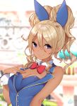  animal_ears bare_shoulders blonde_hair blue_eyes blue_leotard blue_vest blurry blurry_background bow bowtie breasts bunny_ears bunny_girl character_request cleavage closed_mouth copyright_request dark_skin depth_of_field detached_collar eyebrows_visible_through_hair fake_animal_ears gold_trim hair_ornament hand_on_own_chest high_ponytail highres leotard red_bow red_neckwear slime_(dragon_quest) smile solo upper_body vest wrist_cuffs yukichi_(sukiyaki39) 