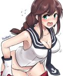  absurdres bangs black_neckwear black_sailor_collar braid breasts brown_hair cleavage cowboy_shot flying_sweatdrops gloves green_eyes highres kantai_collection kiritto large_breasts looking_at_viewer necktie noshiro_(kantai_collection) open_mouth panties pleated_skirt red_skirt sailor_collar school_uniform serafuku simple_background skirt solo swept_bangs twin_braids twitter_username underwear undressing white_background white_gloves white_panties 