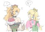  2girls bare_shoulders black_nails blonde_hair bowsette crown fingernails holding_pot horns long_hair looking_at_another mario_(series) multiple_girls nail_polish nejikyuu new_super_mario_bros._u_deluxe open_mouth piranha_plant pointy_ears ponytail princess_peach puffy_short_sleeves puffy_sleeves sharp_fingernails sharp_teeth short_sleeves sketch spoken_exclamation_mark spoken_venus_symbol super_crown teeth venus_symbol white_background 