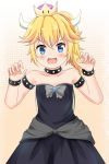  :d armlet bangs bare_shoulders black_dress blonde_hair blue_eyes blush bowsette bracelet claw_pose collar collarbone commentary_request crown dress eyebrows_visible_through_hair fangs hair_between_eyes hands_up highres horns jewelry koyuki_(azumaya999) long_hair mario_(series) mini_crown new_super_mario_bros._u_deluxe open_mouth smile solo spiked_armlet spiked_bracelet spiked_collar spikes strapless strapless_dress super_crown turtle_shell younger 