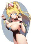  bare_shoulders black_leotard black_nails blonde_hair blush bowsette bracelet breasts cleavage clenched_teeth collar collarbone crown earrings eyebrows_visible_through_hair highres horns jewelry large_breasts leotard long_hair looking_at_viewer mario_(series) nail_polish new_super_mario_bros._u_deluxe pointy_ears ponytail rokuroku_(xd_p) smile solo spiked_armlet spiked_bracelet spiked_collar spikes super_crown teeth 