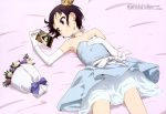  :o absurdres bare_legs bare_shoulders bed_sheet black_hair blue_choker blue_dress blue_eyes blue_sky blush bouquet bow choker collarbone crown day dress dress_bow earrings elbow_gloves flat_chest flower flower_request gloves hand_on_own_chest hand_up highres holding holding_photo jewelry kurosaki_honoka layered_dress lying magazine_scan megami mini_crown official_art on_bed photo_(object) pink_flower purple_flower purple_rose rose scan shiny shiny_hair short_hair sky smile solo strapless strapless_dress tongue white_bow white_dress white_flower white_gloves white_rose window yama_no_susume yellow_earrings yokota_takumi 
