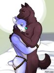  2018 anthro bed bedroom_eyes blue_fur brown_fur butt canine diego_(prismhawk) digital_media_(artwork) doberman dog dorian_(prismhawk) duo embrace facial_piercing fur half-closed_eyes hug inside leather looking_at_viewer love male male/male mammal mostly_nude nipples nose_piercing nude piercing prismhawk romantic seductive standing studs wolf wrist_cuff 