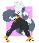  2018 anthro argento balls bodysuit butt clothed clothing digital_media_(artwork) hi_res humanoid_penis lemur looking_at_viewer looking_back male mammal open_mouth penis primate purple_eyes skinsuit solo sonic_(series) tangle_the_lemur tight_clothing 
