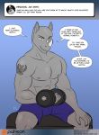 anthro blue_eyes clothed clothing comic conditional_dnp dialogue dumbbell english_text kadath male mammal muscular muscular_male partially_clothed piercing rhinoceros shorts sitting solo speech_bubble sweat tattoo text topless vince_(kadath) weights 