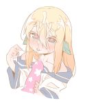  1girl blonde_hair blush character_request cum facial hair_between_eyes leaf long_hair off_shoulder penis raigou simple_background solo_focus symbol-shaped_pupils white_background 