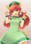  bowser_peach claw_pose collar commentary_request dress earrings fangs green_dress green_hat hat horns jewelry long_hair mario_(series) naik pearl_earrings possessed princess_peach prototype puffy_short_sleeves puffy_sleeves red_eyes red_hair short_sleeves solo spiked_collar spiked_tail spikes super_mario_odyssey tail yellow_skin 